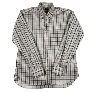 Fish Hippie Tailored Fit Plaid Button Down Shirt Blue Tan Cotton Mens Large